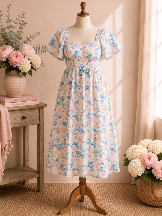 BloomChic Dresses & Skirts - BloomChic Watercolor Floral Midi Dress 2X | Blue Pink Flutter Sleeve Cottagecore